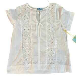 CeCe Womens Small Eyelet Lace Tie Front Blouse 100% Cotton NWT